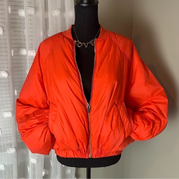 Zara red orange cropped zip front bomber long sleeve‎ puffer jacket size xs - Picture 3 of 15